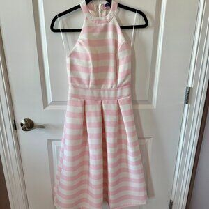 Pink & white striped halter-style dress with flared skirt & sexy zipper back